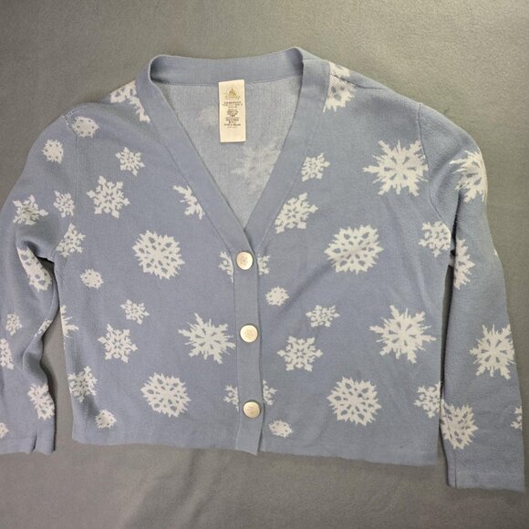 Disney Cardigan Sweater Womens Medium Blue White Snowflake Frozen Winter Holiday - Picture 1 of 13